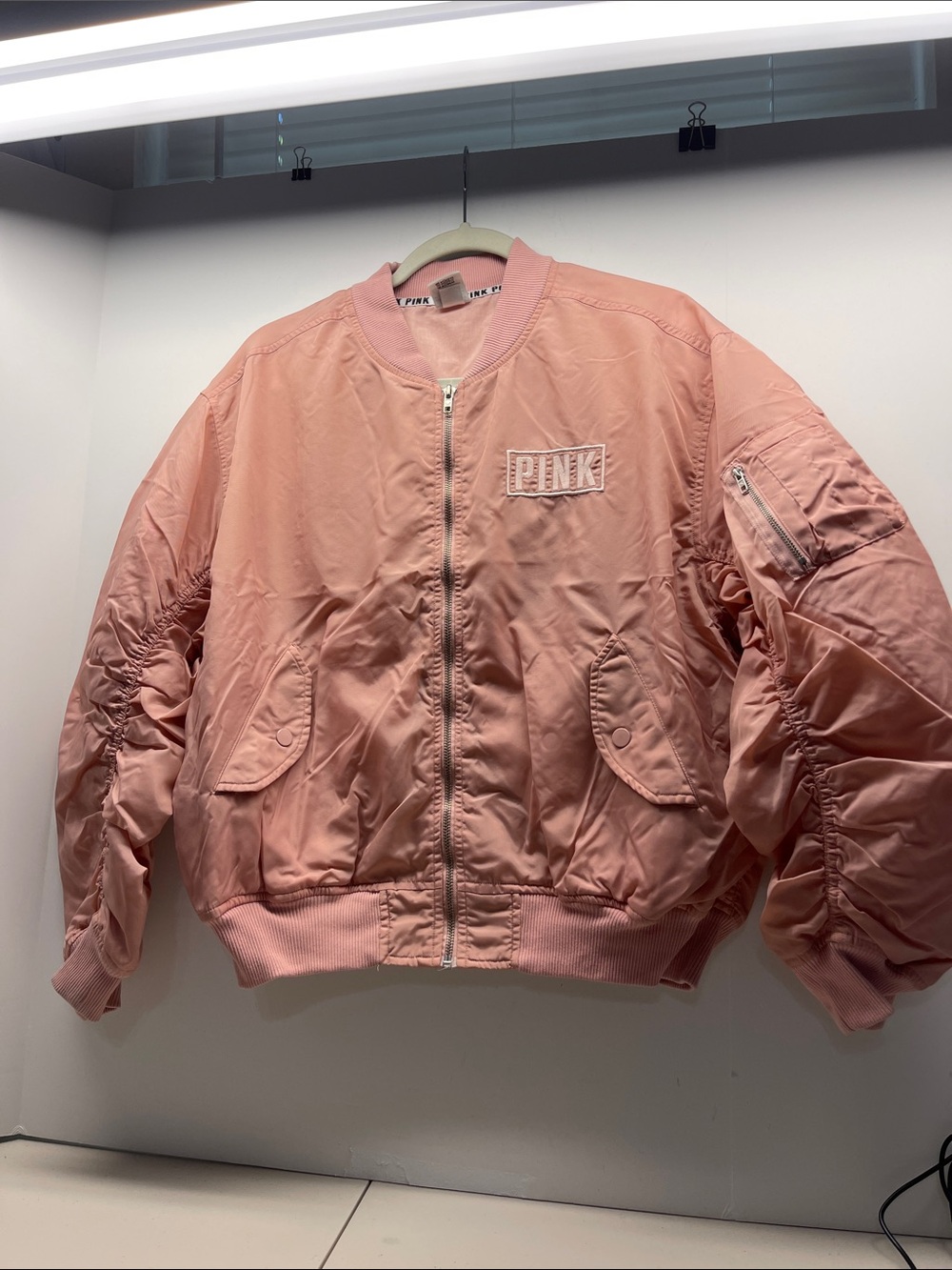 PINK VS logo spellout oversized bomber flight full zip jacket pink size S